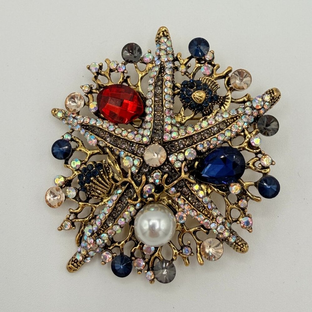 Large Nautical Starfish Brooch |Rhinestone Statement Pin | Coastal Glam